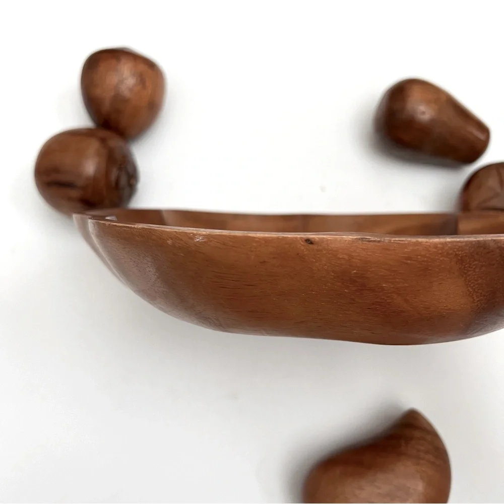 Vintage MCM Genuine Monkey Pod Wooden Bowl with 5-Piece Wood Fruit Home …